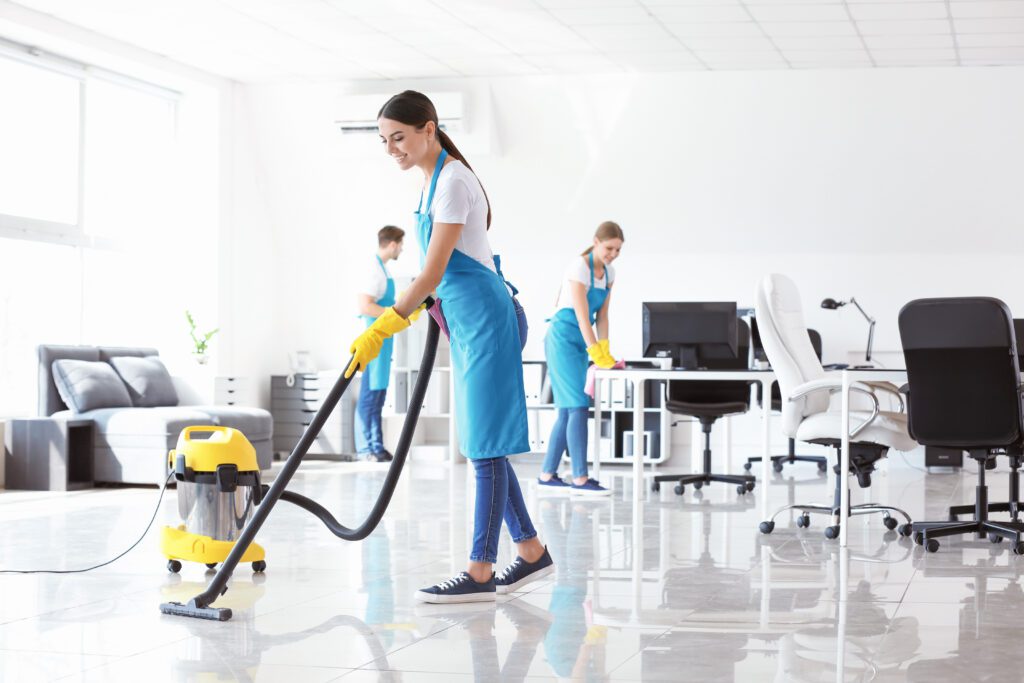 Professional office cleaning team working in a Seattle office