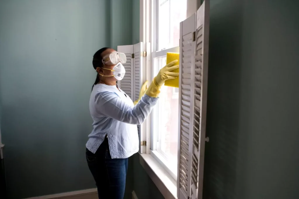 Woman wearing a mask and wiping a window