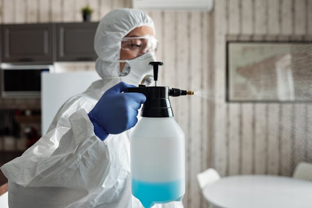 Masked worker spraying disinfectant