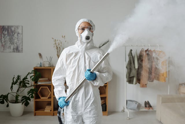 A person in a protective suit spraying the wall.