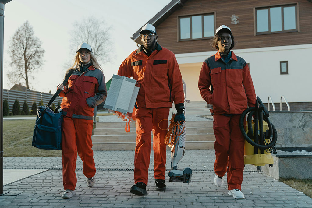 Cleaners walking and holding equipment