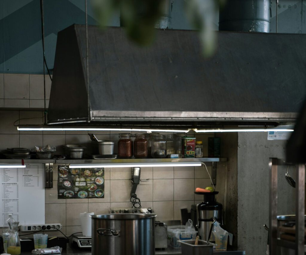 Food cooking under the kitchen hood