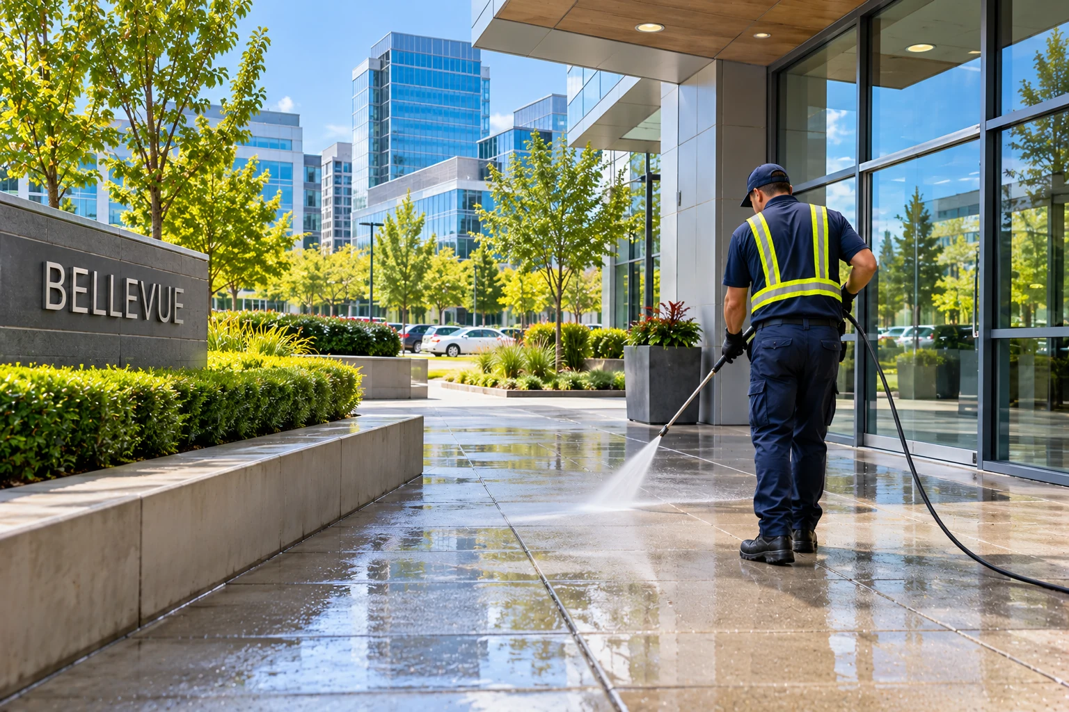 Commercial cleaning crew servicing a Bellevue, WA office building
